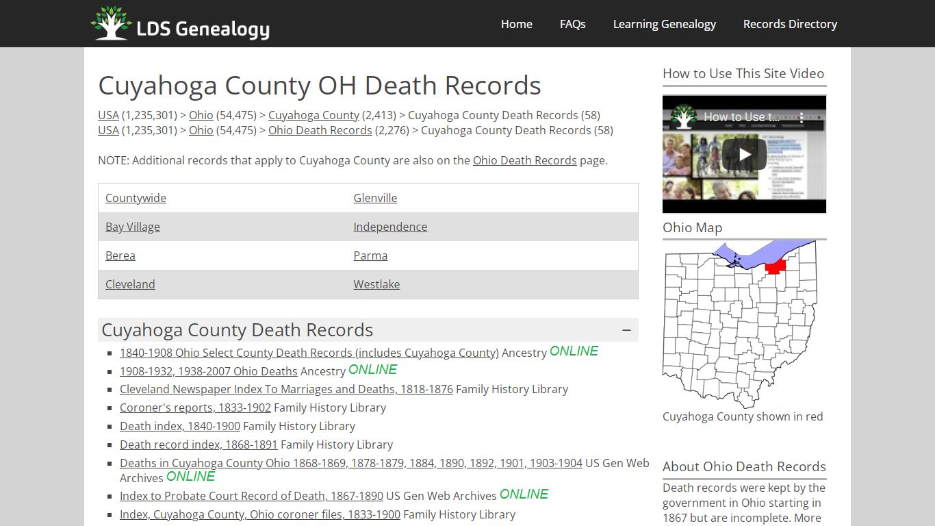 Cuyahoga County OH Death Records - LDS Genealogy